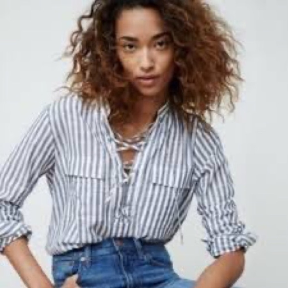J Crew Blue with white stripe cotton & linen shirt. XS​​​